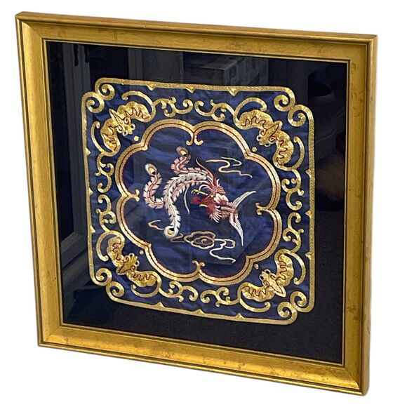 Phoenix Bird Silk Embroidery Custom Framed Rich Gold Royal Blue Asian Style - Picture 4 of 7